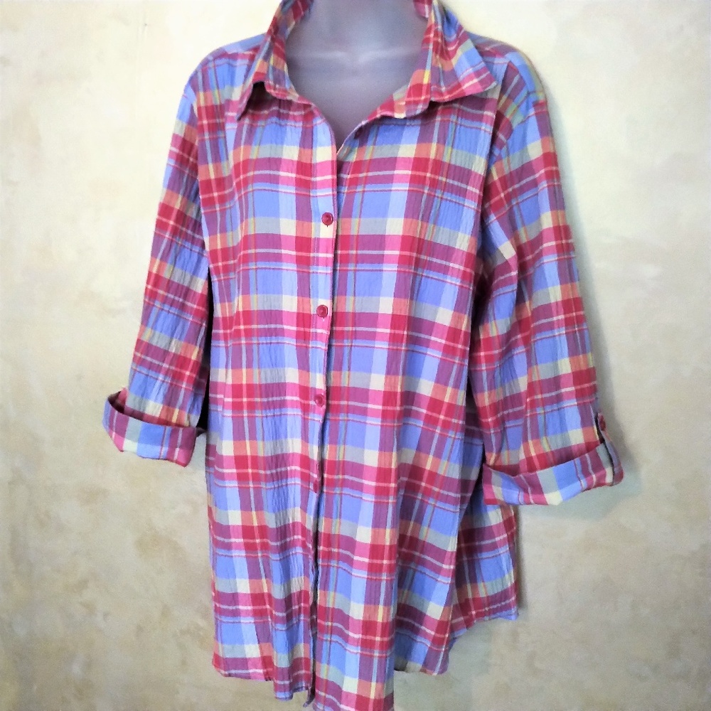 Bright Plaid Big Shirt by Bon Worth Like New XL